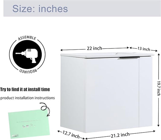 Malwee 22" Floating Bathroom Vanity with Sink, 22 Inch Single Sink Wall Mounted Bathroom Vanity, with 1 Door and White Ceramic Basin Top for Small Space, Plywood Cabinet Storage(002-22)