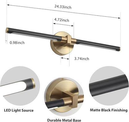 2026 Upgrade Black and Gold Vanity Light, 18W Brighter 24" Gold Bathroom Light Fixtures Linear Modern LED Bathroom Vanity Lighting Fixtures Over Mirror Light Bar Sconce, 360° Rotable 4000K CRI 90+