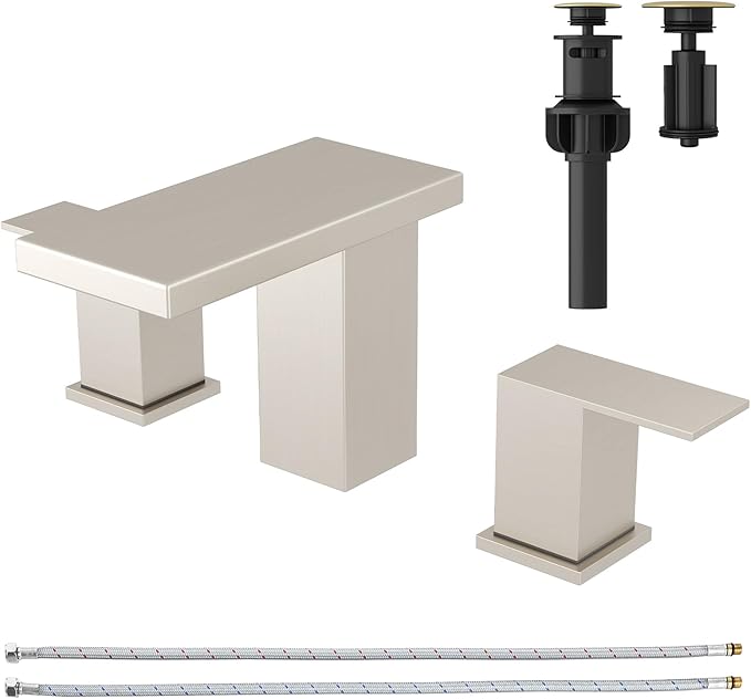 Hoimpro 8 Inch Brushed Nickel Widespread Waterfall Bathroom Sink Faucet, Square Two Handle Vanity Bathroom Faucet with cUPC Supply Hose, 3 Holes Faucet with Pop Up Drain, Stainless Steel