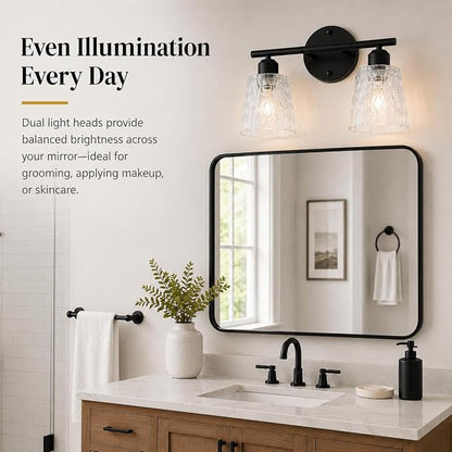 Black Bathroom Vanity Light Over Mirror, 2-Light Wall Mount Fixture with Textured Glass Shades, Stainless Steel Bar Design, E26 Base Sockets (Bulbs Not Included)