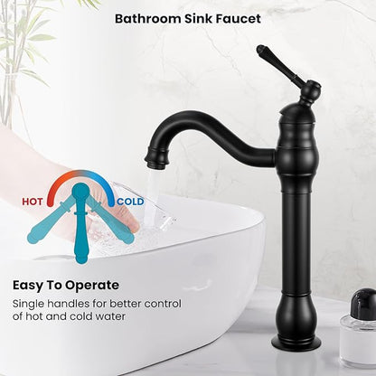 gotonovo Vessel Sink Faucet 360° Swivel Spout Single Handle Tall Bathroom Faucet 1 Hole Farmhouse Lavatory Washbasin Mixer Tap Matching Supply Hoses, Without Pop Up Drain, Matte Black