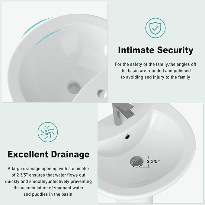 Pedestal Sink Ceramic Basin with Overflow, 20×17 inch Single-Hole Bathroom Sink for Small Spaces, Modern Pedestal Design for Home Vanity and Remodel Upgrades