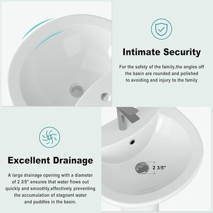 Bathroom Pedestal Sink 20 X 17 Inch | Ceramic Basin with Overflow, Single Faucet Hole, Space-Saving Design for Small Bathrooms