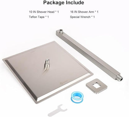 Shower Head with Extension Arm, High Pressure Square with ShowerArm, Stainless Steel Rainfall-Waterfall Full Body Coverage (10'' Shower with 16'' Arm, Brushed Nickel)