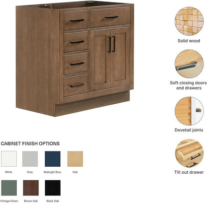 ARIEL Hepburn 36-inch Bathroom Vanity Base Cabinet,Solid Wood, 2 Soft Closing Doors, 5 Dovetail Drawers, Brown Oak