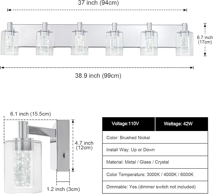 SineRise Vanity Light with 3 Color Modes (3000K/4000K/6000K), Eye Protection LED Bathroom Light Fixture, Dimmable Modern Wall Light Over Mirror with Clear Glass Shade (Chrome, 6-Light)