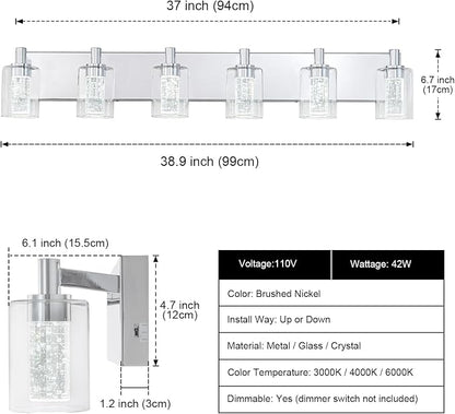 SineRise Vanity Light with 3 Color Modes (3000K/4000K/6000K), Eye Protection LED Bathroom Light Fixture, Dimmable Modern Wall Light Over Mirror with Clear Glass Shade (Chrome, 6-Light)
