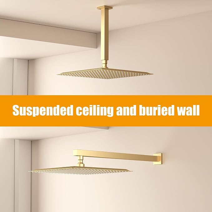 16 In Rain Shower Head High Pressure Rainfall Shower Head Brushed Gold | Square Rain Bathroom Showerhead, High Flow, Large Stainless Steel, Ceiling Mounted, Wall Mounted, Waterfall Full Body