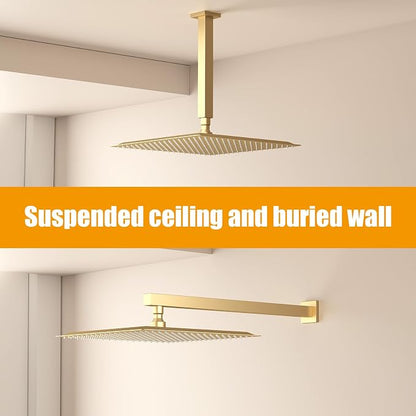 16 In Rain Shower Head High Pressure Rainfall Shower Head Brushed Gold | Square Rain Bathroom Showerhead, High Flow, Large Stainless Steel, Ceiling Mounted, Wall Mounted, Waterfall Full Body