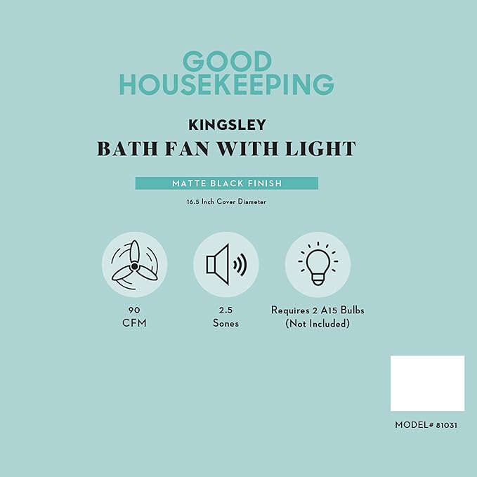 Good Housekeeping 81031 Kingsley Decorative 90 CFM 2.5 Sones Bathroom Ventilation Exhaust Fan with Light, Matte Black