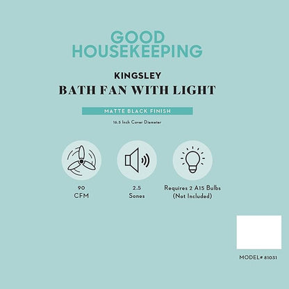 Good Housekeeping 81031 Kingsley Decorative 90 CFM 2.5 Sones Bathroom Ventilation Exhaust Fan with Light, Matte Black