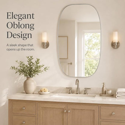 Silver Oval Bathroom Mirror 30x48 Inch | Oblong Vanity Mirror, Crystal-Clear HD Glass, Rust-Proof Aluminum Frame, Elegant Inner-Curved Edge, Modern Contemporary Style