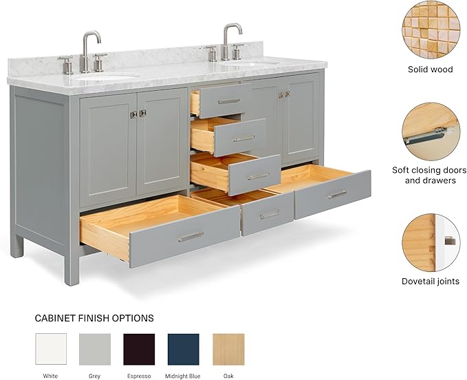 ARIEL Cambridge 72-inch Bathroom Vanity with Sink,Solid Wood, 1.5-inch Italian Carrara Marble Countertop & Backsplash, Double Oval Porcelain Sink, 4 Soft Closing Doors, 6 Dovetail Drawers, Grey
