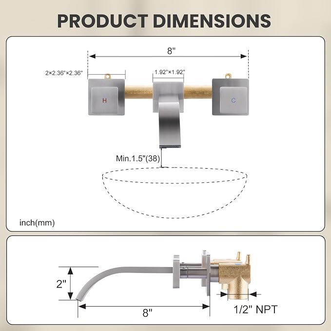Wall-Mounted Bathroom Sink Faucet, Brushed Nickel Bathroom Faucet | Waterfall Bathroom Faucet with Two Handles, Brass Bathroom Sink Faucet, Wall-Mounted Washroom Faucets and Rough-in Valve