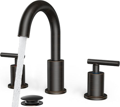 FORIOUS Oil Rubbed Bronze Bathroom Faucets 3 Hole, 8 in Widespread Bathroom Sink Faucet Bronze with Pop Up Drain, 3 Piece Vanity Faucet ORB with 24" CUPC Supply Hoses, 6" to 10" Sink Restroom Remodel