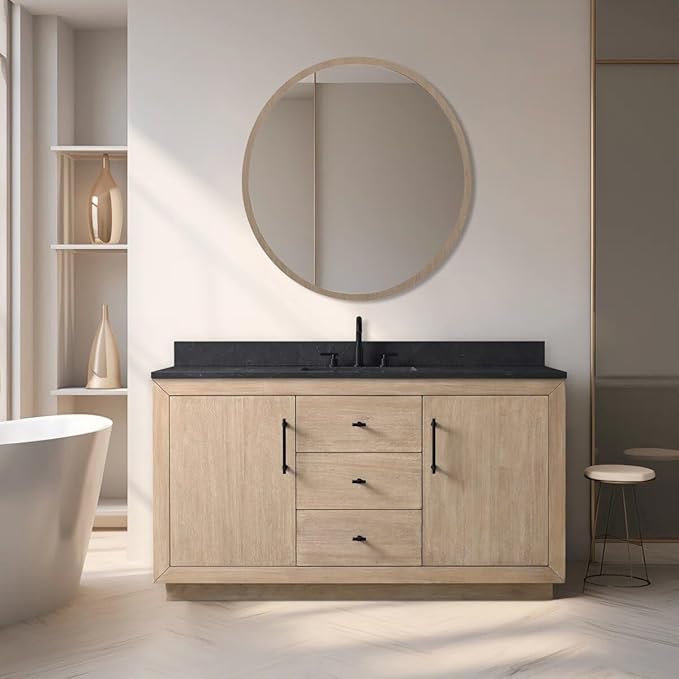 Vanity Art 60" Bathroom Vanity with Sink, Vanity Cabinet with Doors and Shelf, Modern Wood Bathroom Vanity with White Marble Top, Solid Wood Frame, 3 Functioning Drawers,VA70-60-SLW-E