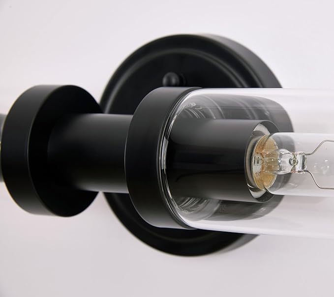 Black Sconces Wall Lighting, Bathroom 2-Light Vanity Light W/Clear Glass Shade, Modern Wall Mounted Lights for Mirror, Makeup Vanity, Kitchen, Washroom, Hallway, E26 T10 Bulbs(Excluded)