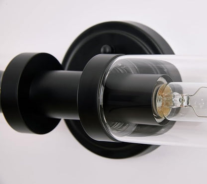 Black Sconces Wall Lighting, Bathroom 2-Light Vanity Light W/Clear Glass Shade, Modern Wall Mounted Lights for Mirror, Makeup Vanity, Kitchen, Washroom, Hallway, E26 T10 Bulbs(Excluded)