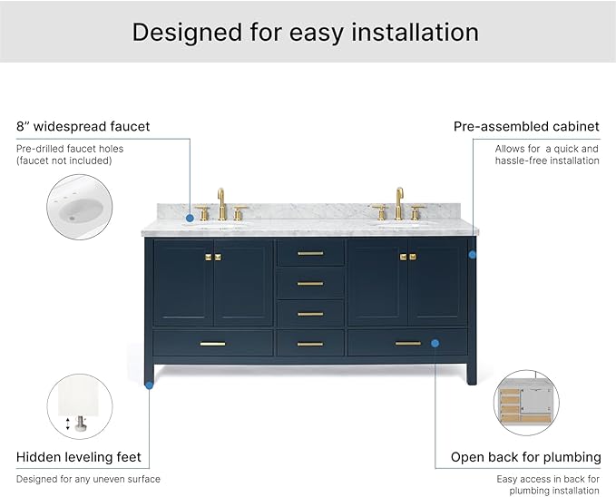 ARIEL Cambridge 72-inch Bathroom Vanity with Sink,Solid Wood, 1.5-inch Italian Carrara Marble Countertop, Double Oval Porcelain Sink, 4 Soft Closing Doors, 6 Dovetail Drawers, Midnight Blue