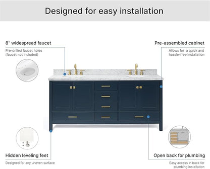 ARIEL Cambridge 72-inch Bathroom Vanity with Sink,Solid Wood, 1.5-inch Italian Carrara Marble Countertop, Double Oval Porcelain Sink, 4 Soft Closing Doors, 6 Dovetail Drawers, Midnight Blue