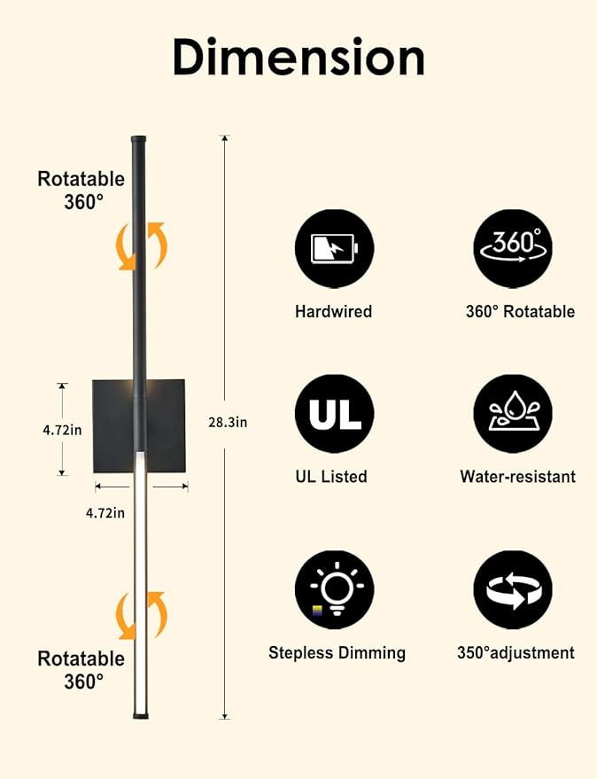 27.8 Inch Hardwired Wall Sconces Set of Two, 3000K Warm White Dimmable Modern Wall Sconces, 350° Rotate LED Light Fixtures Wall Lamp for Bathroom Living Room Bedroom Bedside, Black