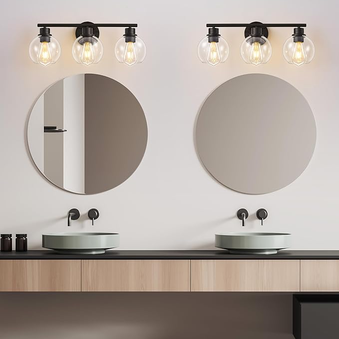 Bathroom Light Fixtures Over Mirror 3-Lights Bathroom Vanity Light with Clear Globe Glass Shade 22 inch Modern Black Vanity Lights Wall Sconce Lighting for Bath