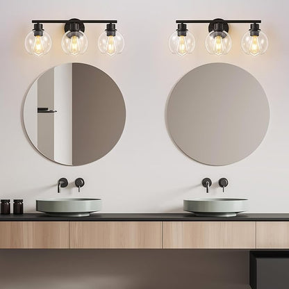 Bathroom Light Fixtures Over Mirror 3-Lights Bathroom Vanity Light with Clear Globe Glass Shade 22 inch Modern Black Vanity Lights Wall Sconce Lighting for Bath
