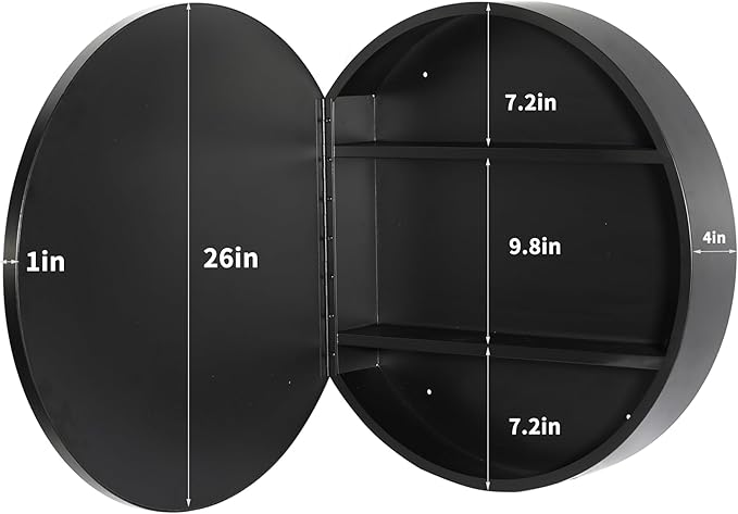 Movo 26 Inch x 26 Inch Round Circle Black Aluminuml Framed Bathroom Mirror Medicine Cabinet, Circular Storage Cabinet Surface Mounted Black