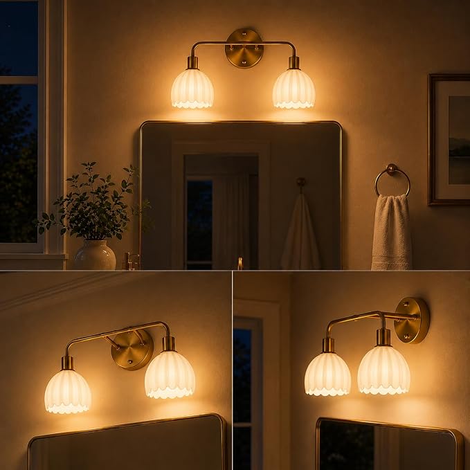 2-Light Gold Brass Bathroom Light Fixture,Wall Sconces,Brushed Gold Vanlity Light Over Mirror,Bathroom Vanity Light with White Glass Flower Shade,E26 Socket(Bulbs Not Included)