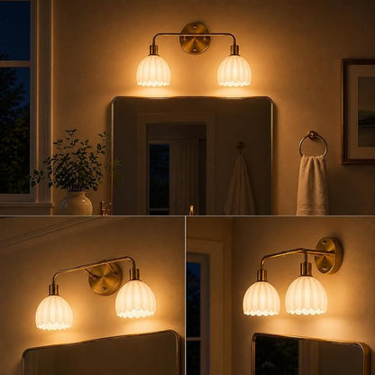2-Light Gold Brass Bathroom Light Fixture,Wall Sconces,Brushed Gold Vanlity Light Over Mirror,Bathroom Vanity Light with White Glass Flower Shade,E26 Socket(Bulbs Not Included)