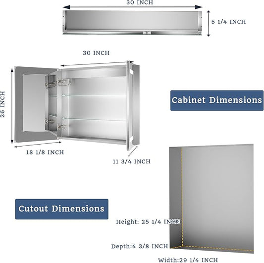 ExBrite LED Lighted Bathroom Medicine Cabinet with Mirror, 30 x 26 Inch, Recessed or Surface Mount, Anti-Fog, Stepless Dimming, Color Temperature Change, Built-in 6000K Sensor Light, Storage Shelves