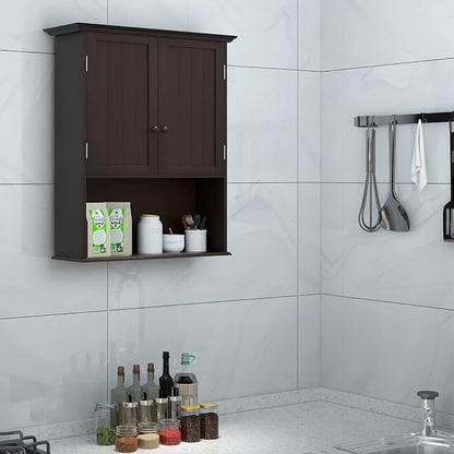 Tangkula Wall Mount Bathroom Cabinet Wooden Medicine Cabinet Storage Organizer with 2-Doors and 1-Shelf Cottage Collection Wall Cabinet (Espresso)