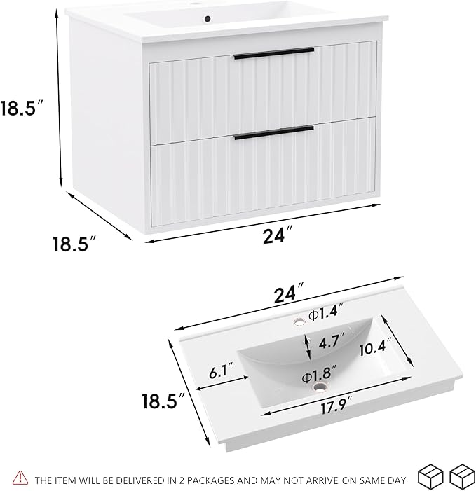 24" Bathroom Vanity with Sink, Floating Vanity Bathroom Sink Cabinet Wall Mount, Soft-Close Function 2 Large Drawers, Grooved Stripe Design, Hidden Damping Drawers, White