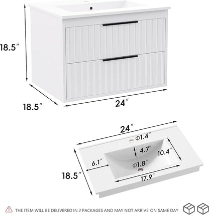 24" Bathroom Vanity with Sink, Floating Vanity Bathroom Sink Cabinet Wall Mount, Soft-Close Function 2 Large Drawers, Grooved Stripe Design, Hidden Damping Drawers, White