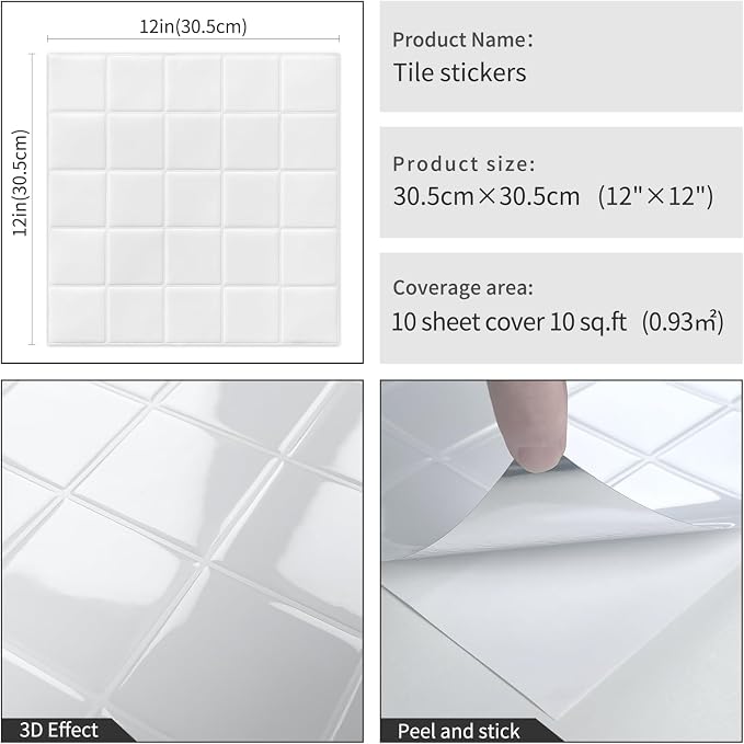 DEWOO White Peel and Stick Backsplash Self Adhesive Wall Tiles 10-Sheet | Checkered,Square,Grid,Sticky,for Kitchen,Bathroom,Laundry,Sink,12"×12"