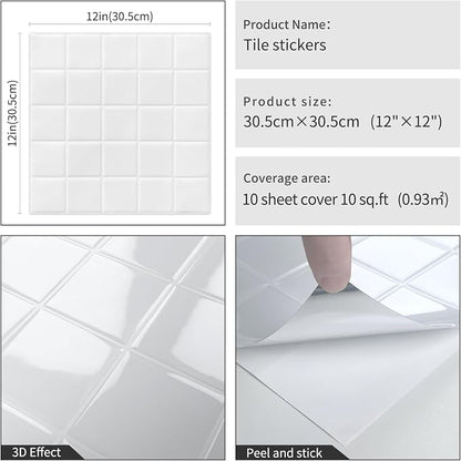 DEWOO White Peel and Stick Backsplash Self Adhesive Wall Tiles 10-Sheet | Checkered,Square,Grid,Sticky,for Kitchen,Bathroom,Laundry,Sink,12"×12"