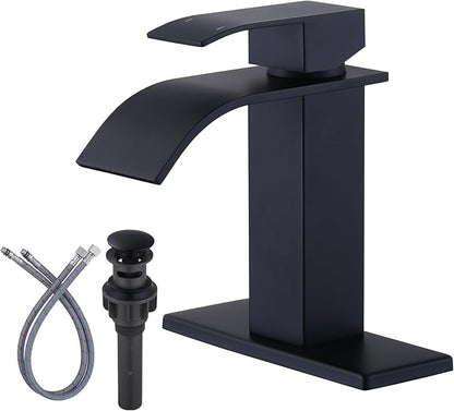 ARCORA Waterfall Bathroom Faucet Matte Black Faucet for Bathroom Sink Single Handle Mixer Tap Lavatory Vanity Faucet with Deck Plate and Pop Up Drain, 1 or 3 Hole