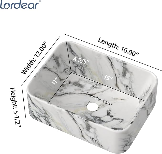Lordear Bathroom Sink Above Counter 16"x12" Rectangle Vessel Sink Marble Porcelain Ceramic Vessel Sink, Rectrangular Above Counter Sink Art Basin