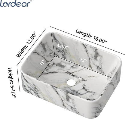 Lordear Bathroom Sink Above Counter 16"x12" Rectangle Vessel Sink Marble Porcelain Ceramic Vessel Sink, Rectrangular Above Counter Sink Art Basin