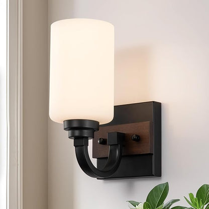 1-Light Milk Glass Wall Sconces, Farmhouse Vanity Light Fixtures for Bathroom, Black and Wood Wall Lighting, Wall Sconce for Hallway, Entryway, Bedroom, Living Room