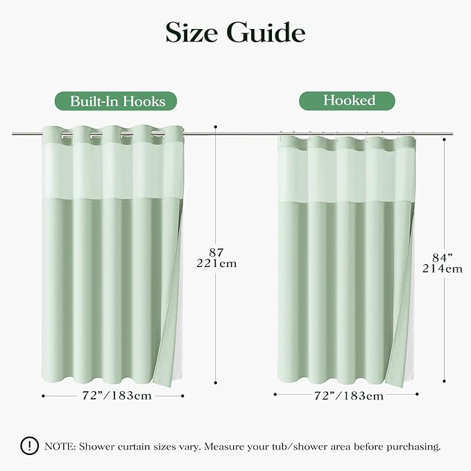 Mint Green Hook Free Waffle Shower Curtain & Snap-in Liner,72x87 | Less Time to install, 3 in 1 Fabric Shower Curtain and Liner Set with Magnets, Extra Long, Shower Curtains for Bathroom