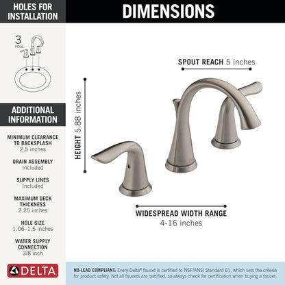 Delta Lahara Brushed Nickel Bathroom Faucet 3 Hole, 8 Inch Widespread Bathroom Sink Faucet for Vanity, Metal Push-Pop Drain Assembly, Stainless 3538-SSMPU-DST