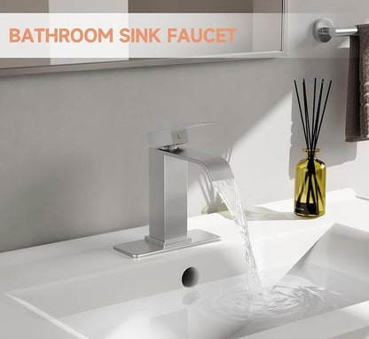 Brushed Nickel Bathroom Faucets Evolvegoods Modern Waterfall Faucet | Single Handle 1 or 3 Hole Bathroom Sink Faucet RV Mixer Tap Vanity Faucet with Deck Plate Pop-up Drain and Supply Lines