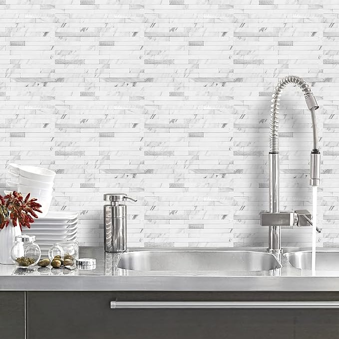 DICOFUN 10-Sheet Peel and Stick Backsplash Tile, Faux White Marble Look PVC Mixed Metal Stick on Backsplash Tiles for Kitchen and Bathroom, 9.4 sq.ft