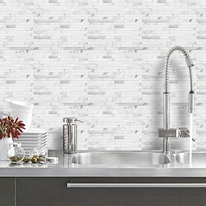 DICOFUN 10-Sheet Peel and Stick Backsplash Tile, Faux White Marble Look PVC Mixed Metal Stick on Backsplash Tiles for Kitchen and Bathroom, 9.4 sq.ft