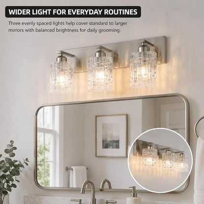 3-Light Crystal Bathroom Vanity Light Over Mirror, Nickel Modern Wall Light Fixture for Bathroom, Living Room, Bedroom, Hallway