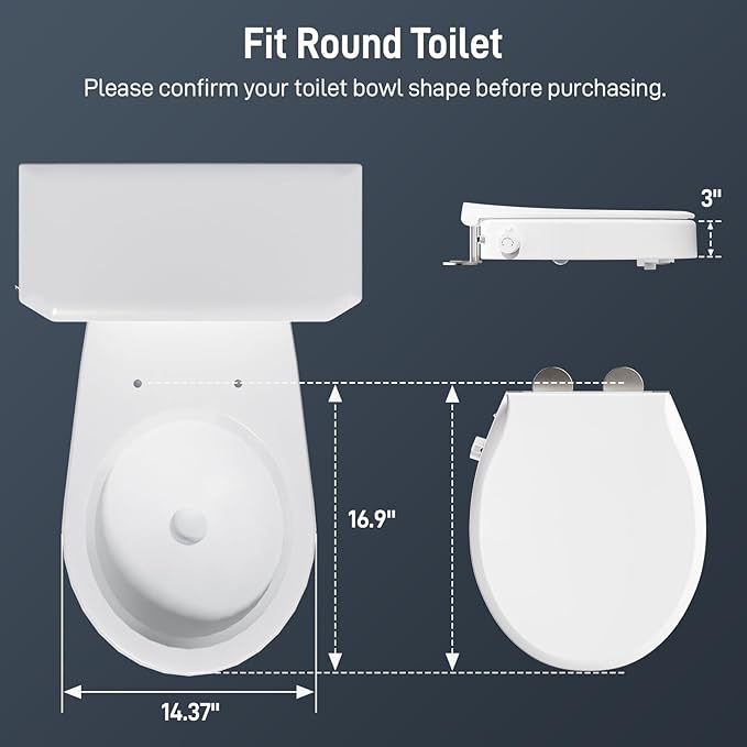 BIGCOW Raised Toilet Seat with Bidet - Round, Soft Close, 3" Height - Dual Nozzle (Frontal & Rear Wash) with Adjustable Cold Water Pressure and Stainless Steel Inlet (Round)