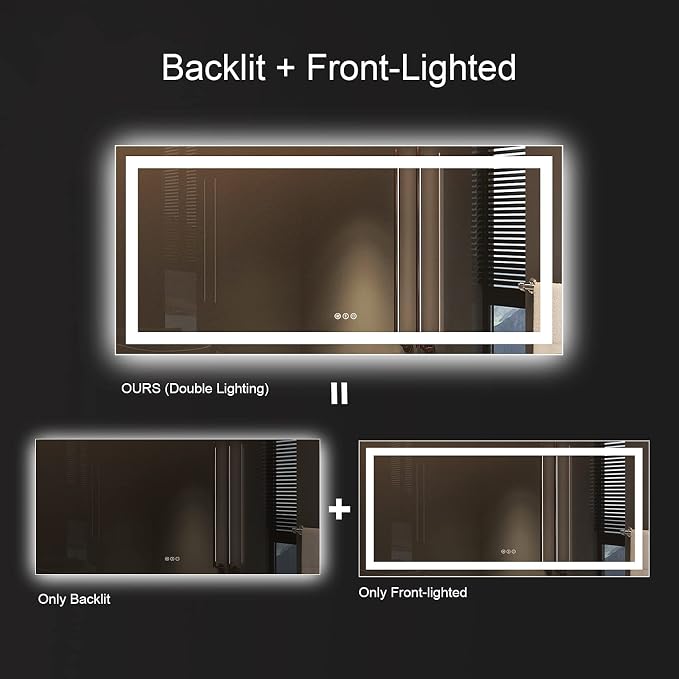 LED Bathroom Mirror, 60"X36" with Front Light and Backlit | Stepless Dimmable, Anti-Fog, Shatter-Proof, HD Reflection, Memory, 3 Colors Lighting, UL Listed (Horizontal/Vertical).