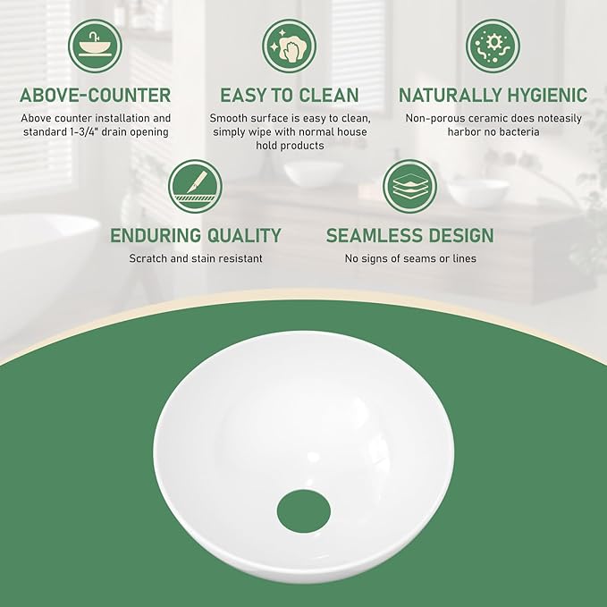 13"x13" Bathroom Vessel Sink Modern Small Round Above Counter White Ceramic Vessel Vanity Sink Art Bowl Basin