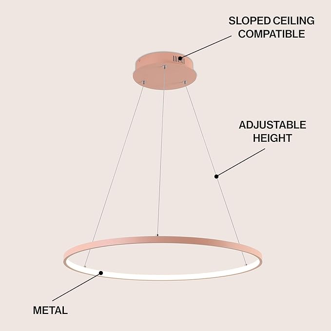 JONATHAN Y 23.75" Matte Pink Modern Integrated LED Pendant Light, Dimmable Round Hoop Chandelier for Kitchen Island, Dining Room, Adjustable Height Metal Hanging Light (JYL7203B)